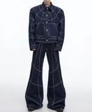 TRYESS-men fall outfits -  Oversize Stitch Denim Jacket & Wide-leg Stitch Denim Jeans Setup NA676