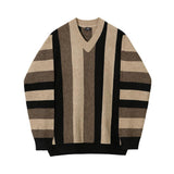 Tryess- Brown V Neck Striped Sweater