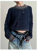 Tryess- Cropped Ripped Knit Sweater