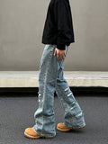 Tryess- Distressed Wide-Leg Denim Pants