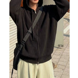 Tryess- Double Zipper Hooded Pleated Sweater