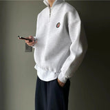 Tryess- Embroidered Half Zip Lapel Sweatshirt