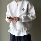 Tryess- Embroidered Half Zip Lapel Sweatshirt