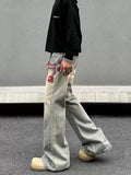 Tryess- Embroidered Wide-Leg Denim Pants