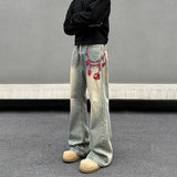 Tryess- Embroidered Wide-Leg Denim Pants