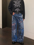 Tryess- Graffiti Print Denim Pants