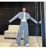 streetwear men outfits Denim Suit 2024 Autumn Catwalk Multi-Pocket Jeans Short Cut Long Sleeve Coat Set