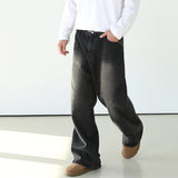 Tryess-TRY No. 7002 WASHED BLACK WIDE STRAIGHT DENIM JEANS