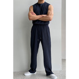 Tryesstore-Streetwear Men Outfits Tomboy Fits - TRY9524 PLEATED SLEEVELESS SHIRT & WIDE DRAWSTRING PANTS