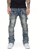 streetwear men outfits Men's Denim Workwear Straight Pants Fashion Ins Elastic Patch Denim Laminated Micro-Pull Men's Pants