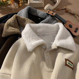 fall outfit men Corduroy Polo Collar Sweater Men's Autumn and Winter Fleece-lined Thickened Lamb Wool Coat Men's Winter Hong Kong Style Teenagers