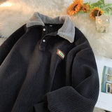 fall outfit men Corduroy Polo Collar Sweater Men's Autumn and Winter Fleece-lined Thickened Lamb Wool Coat Men's Winter Hong Kong Style Teenagers