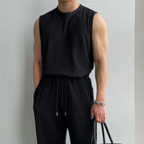 Tryesstore-Streetwear Men Outfits Tomboy Fits - TRY9524 PLEATED SLEEVELESS SHIRT & WIDE DRAWSTRING PANTS