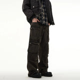 Tryess-TRY No. 10709 WASHED BROWN CARGO STRAIGHT DENIM PANTS