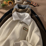 fall outfit men Corduroy Polo Collar Sweater Men's Autumn and Winter Fleece-lined Thickened Lamb Wool Coat Men's Winter Hong Kong Style Teenagers