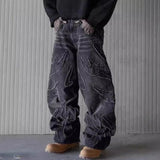 streetwear men outfits American Retro Flame Stitching Wide Leg Jeans Women Hip Hop Punk Embroidery Y2g Jeans Men and Women