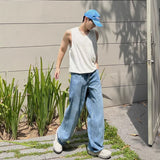 winter outfits men Light Blue Jeans Men's Simple American Retro Loose Wide-Leg Straight Mop Pants High Street Pants