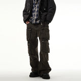 Tryess-TRY No. 10709 WASHED BROWN CARGO STRAIGHT DENIM PANTS