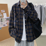 TRYESS-men fall outfits  guys fashion casual Plaid Long-Sleeved Shirt Men's Spring and Autumn Loose Korean Style Fashionable Student Casual Hong Kong Style Retro Outer Wear Handsome Shirt Jacket