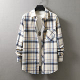 frat boy outfits New Men's Plaid Long-Sleeved Shirt Fashionable Brushed Loose Lapel Yarn-Dyed Shirt Men