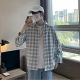 guys fashion casual Plaid Shirt Men's Long-Sleeved Trendy All-Match Top Casual Loose Hong Kong Style Trendy Handsome Shirt Summer Coat