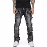 streetwear men outfits Men's Denim Workwear Straight Pants Fashion Ins Elastic Patch Denim Laminated Micro-Pull Men's Pants