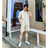 fall outfits men Same Style Men's Summer Cotton and Linen Breathable Shirt + Shorts Suit Korean Style Simple Loose Wide Version Suit