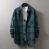 frat boy outfits New Men's Plaid Long-Sleeved Shirt Fashionable Brushed Loose Lapel Yarn-Dyed Shirt Men