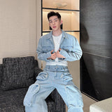 streetwear men outfits Denim Suit 2024 Autumn Catwalk Multi-Pocket Jeans Short Cut Long Sleeve Coat Set