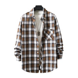 frat boy outfits New Men's Plaid Long-Sleeved Shirt Fashionable Brushed Loose Lapel Yarn-Dyed Shirt Men