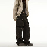 Tryess-TRY No. 10709 WASHED BROWN CARGO STRAIGHT DENIM PANTS