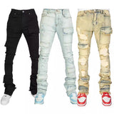 Tryesstore streetwear men outfits Men's Denim Workwear Straight Pants Fashion Ins Elastic Ripped Denim Laminated Micro-Pull Men's Pants