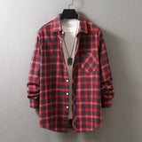 frat boy outfits New Men's Plaid Long-Sleeved Shirt Fashionable Brushed Loose Lapel Yarn-Dyed Shirt Men