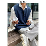 men’s outfits Solid Color V-neck Vest Sweater Men's Spring and Autumn New Loose Knitted Waistcoat Korean Style Casual Trendy Vest