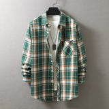 frat boy outfits New Men's Plaid Long-Sleeved Shirt Fashionable Brushed Loose Lapel Yarn-Dyed Shirt Men