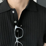 Tryess- TRY5249 BLACK VERTICAL KNITTED SHORT SLEEVE COLLAR SHIRT