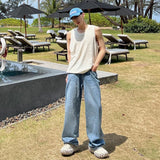 winter outfits men Light Blue Jeans Men's Simple American Retro Loose Wide-Leg Straight Mop Pants High Street Pants