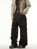 Tryess-TRY No. 10709 WASHED BROWN CARGO STRAIGHT DENIM PANTS