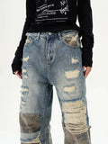 Tryess- Patchwork Distressed Denim Pants