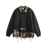 Tryess- Plaid Patchwork Ripped Sweatshirt