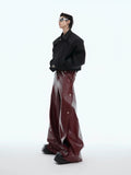 Tryess- Red Wide-Leg Leather Pants