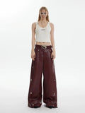 Tryess- Red Wide-Leg Leather Pants