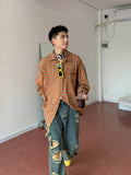 TRYESS  Holocene American trendy Korean version orange plaid shirt Men's long sleeved loose and versatile lazy coat streetwear