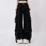 Tryess-Aesthetic fashion white line black design high waisted jeans women 2024 autumn and winter hip-hop high street casual cargo pants