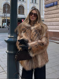 Vintage Fashion Brown Faux Fur Thick Long Overcoat Cardigan Fleece Warm Long Trench Coat Winter Fluffy Plush 2024 New Streetwear