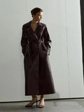 Burgundy Vintage Pu Leather Long Coat 2024 New Fashion Lapel Overcoat Belt women's Autumn Winter Chic Warm Solid High Streetwear