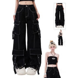 Tryess- Streetwear y2k 90s Fashion Harajuku line decoration high-waisted jeans for women 2023 dopamine wear multi-pocket versatile straight black jeans for women