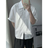 Tryess-Summer Short Sleeved Shirt Men Fashion Oversized Zip Shirt Men Korean Loose Black White Dres Shirts Mens Ice Silk Shirt M-2XL