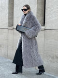 Fashion Warm Faux Fur Fluffy Overcoat Women Elegant Thicken Gray Long Warm Coat 2024 Winter Female Commute High Street Outerwear