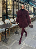 Vintage Faux Fur Thicken Midi Coat Women Burgundy Long Sleeve Lapel Loose Warm Coat 2024 New Winter Chic Street Female Outerwear